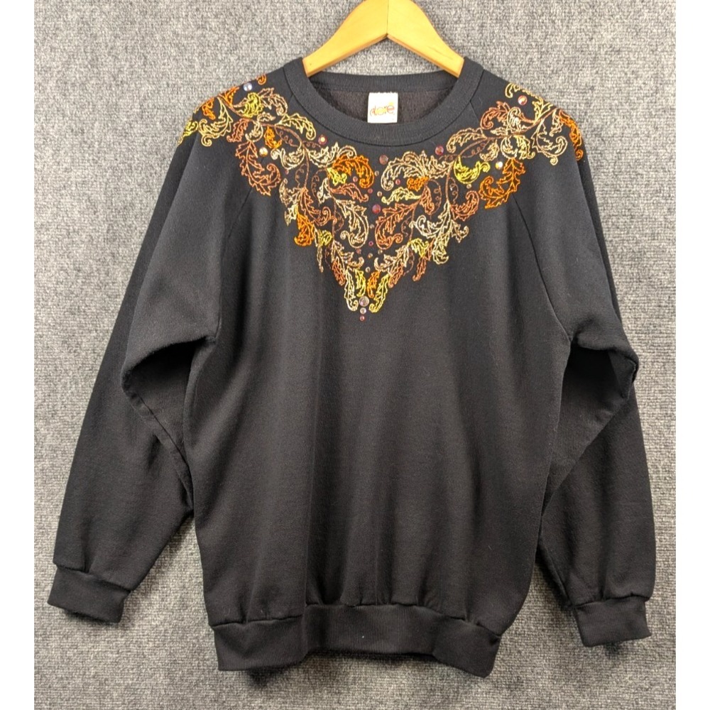 Vintage Alore Womens Black Embroidered Jeweled Floral Sweatshirt USA Made L